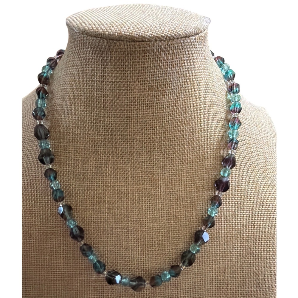 Faceted Fluorite Beaded Necklace Purple Green Teal Gemstone Heart Toggle